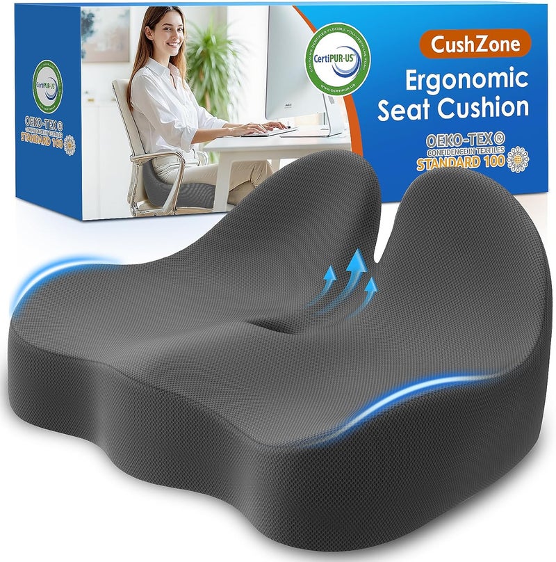 CushZone Seat Cushion, Memory Foam Office Chair Cushions, Ergonomic Curved Design for Sciatica, Tailbone, Coccyx, Seat Support for Car, Desk Chair, Wheelchair, Enhances Long Sitting Comfort (Grey) - Image 1